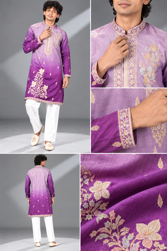 Purple Ombre Embroidered Festive Kurta