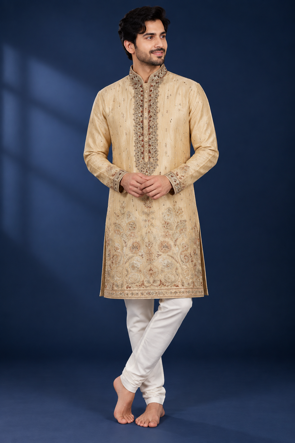 Men’s Beige Gold Embroidered Festive Kurta
