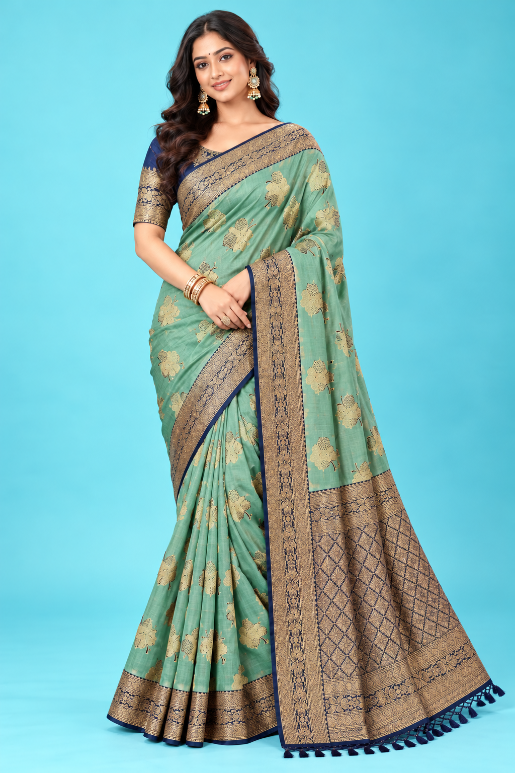 Elegant Sea Green Woven Saree with Navy Blue & Golden Zari Border