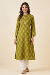 Women's Olive Green Ethnic Leaf Print Cotton Kurti