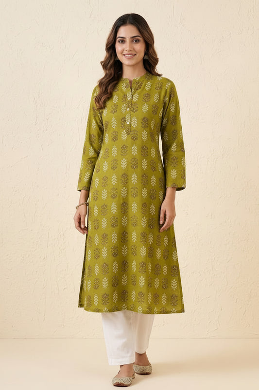 Women's Olive Green Ethnic Leaf Print Cotton Kurti