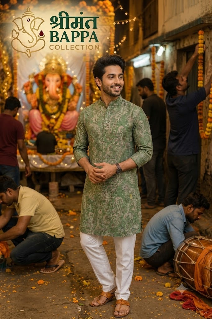 Sage Green Paisley Print Festive Kurta for Men