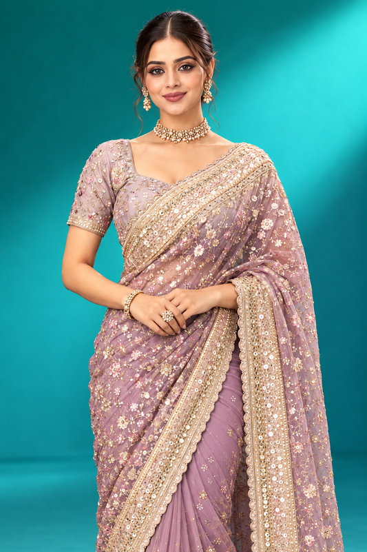 Lavender Pearl Embroidered Saree