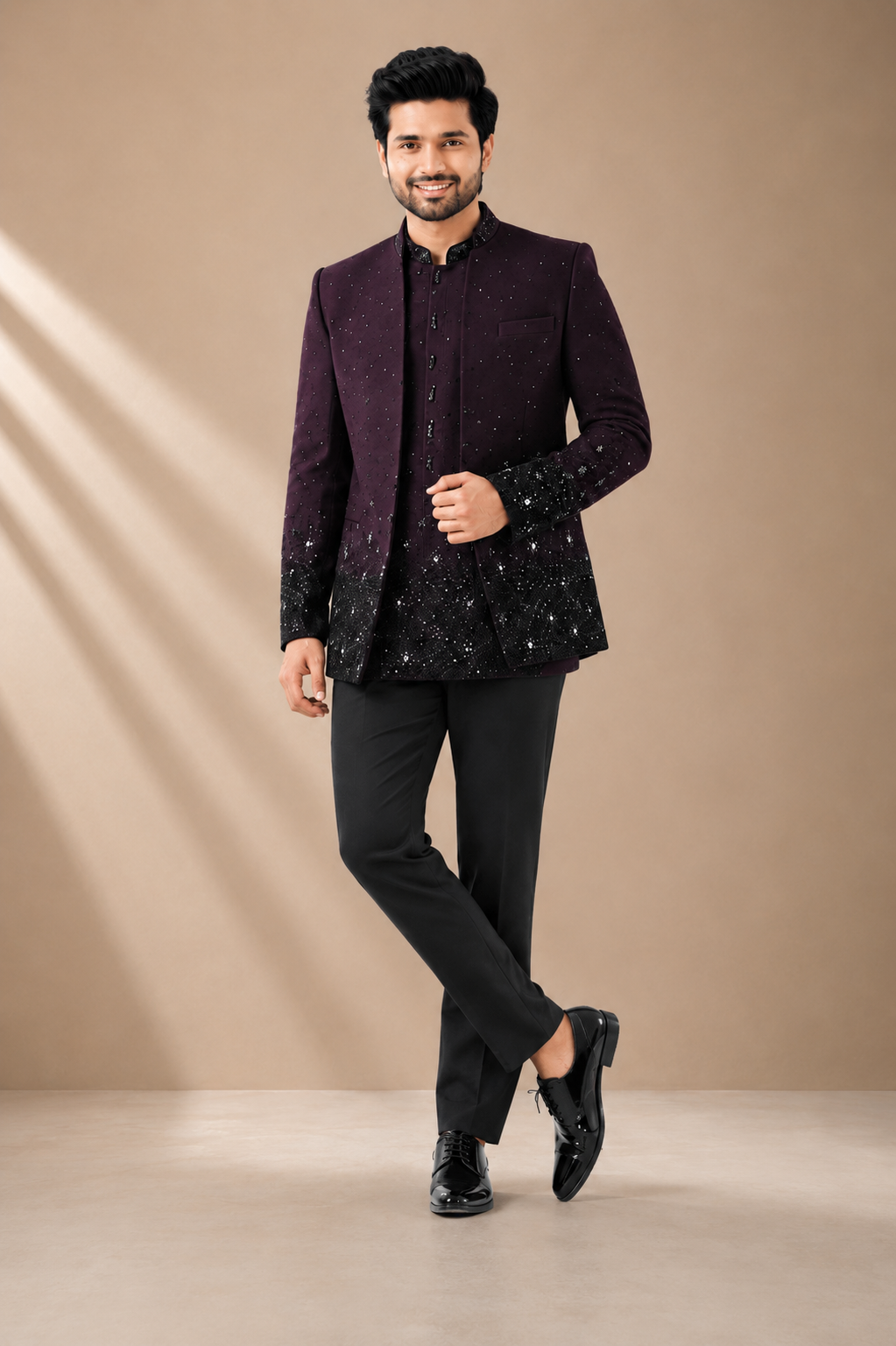 Men’s Wine & Black Designer Indo-Western Jodhpuri Suit