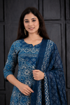 Women’s Indigo Blue Printed Kurta Pant Dupatta Set