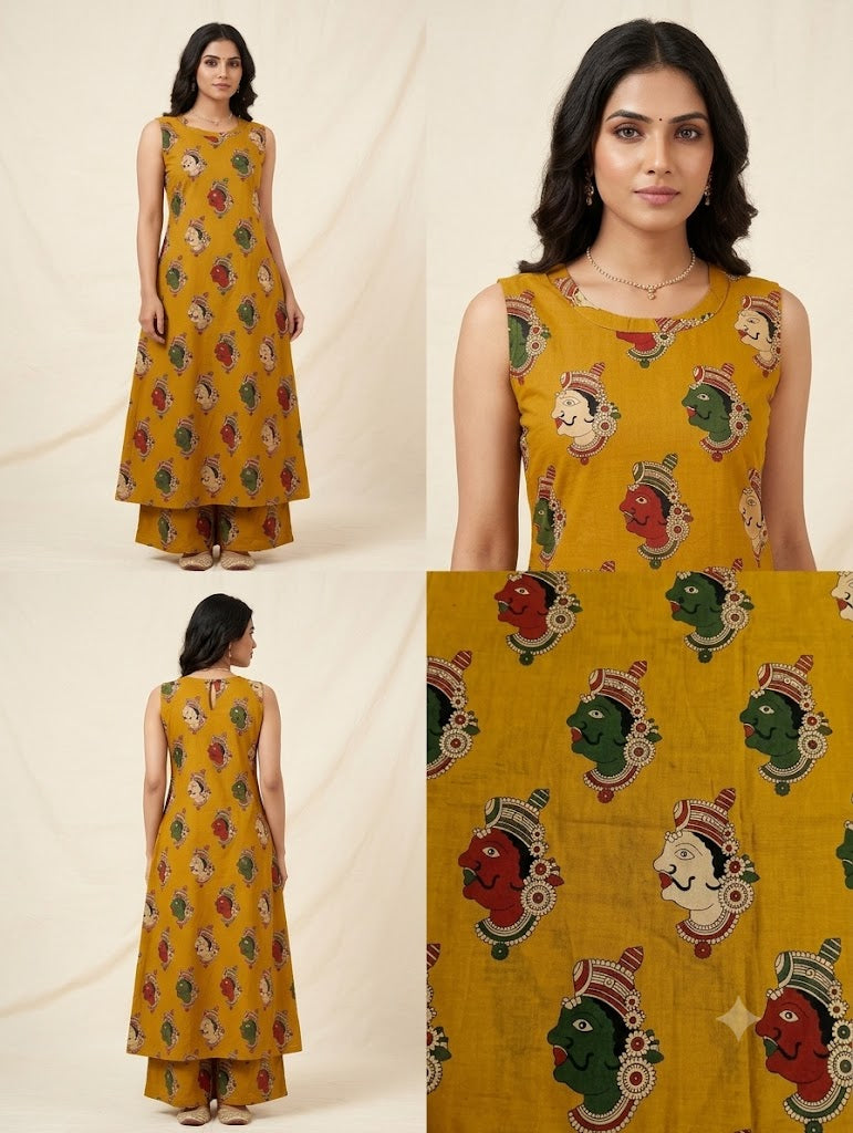 Mustard Yellow Folk Art Motif Sleeveless A-Line Kurti Co-Ord Set