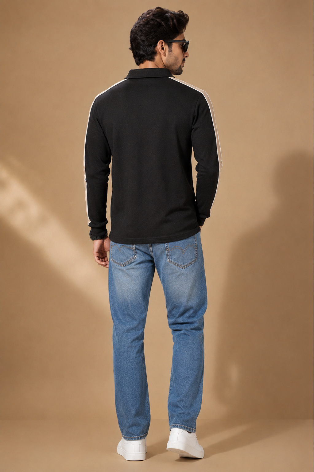 Men’s Black Half-Zip T-Shirt with Contrast Sleeve Stripes