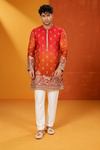Men's Royal Orange Red Embroidered Festive Kurta Set