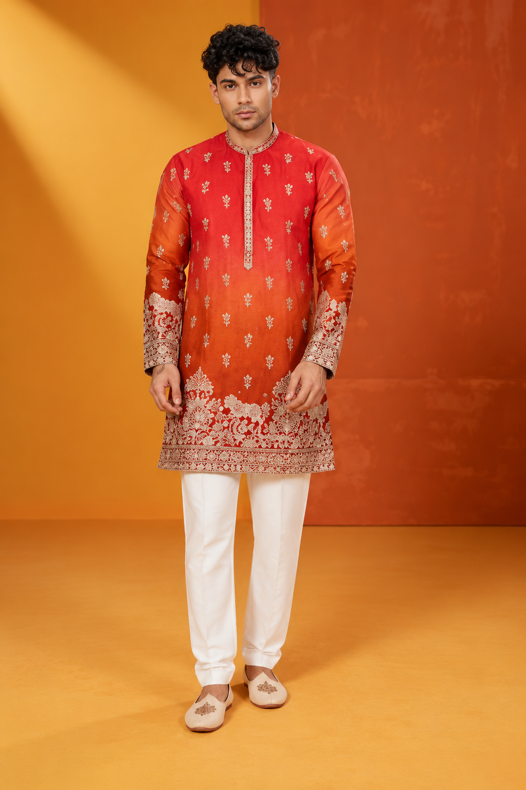Men's Royal Orange Red Embroidered Festive Kurta Set