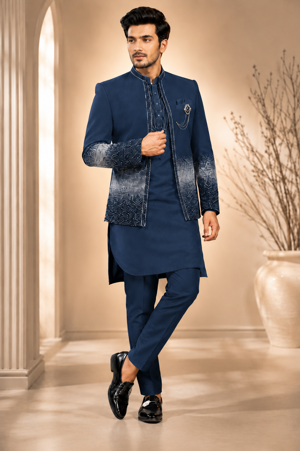 Navy Blue Embellished Indo-Western Kurta Jacket Set