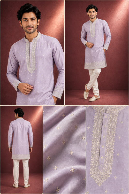 Lavender Embroidered Festive Kurta Pajama Set