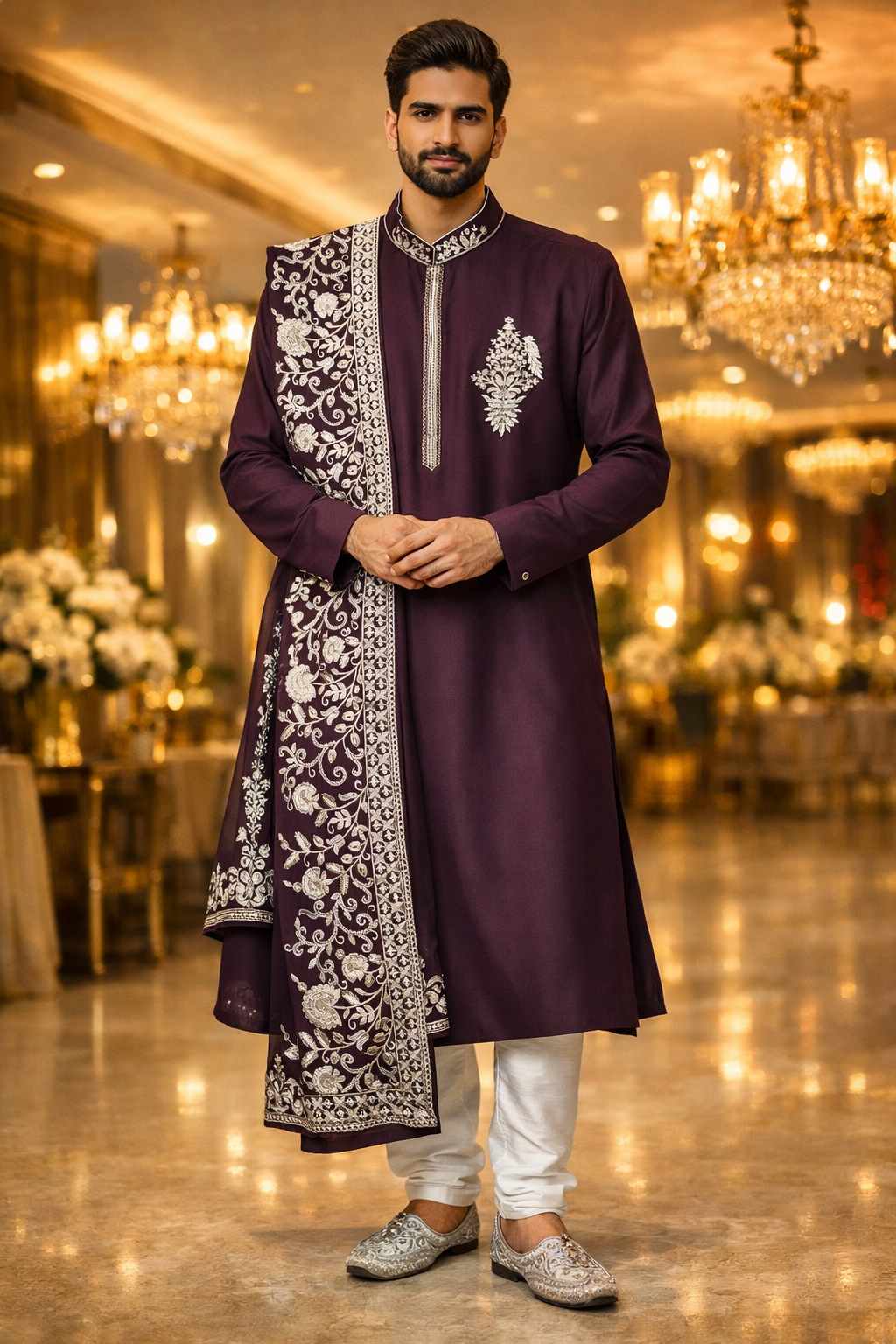 Men’s Wine Purple Embroidered Kurta Set with Dupatta