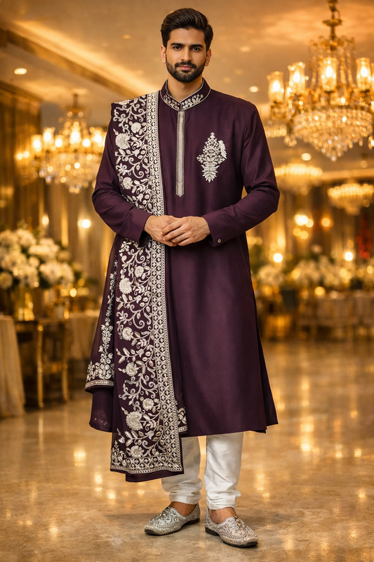 Men’s Wine Purple Embroidered Kurta Set with Dupatta