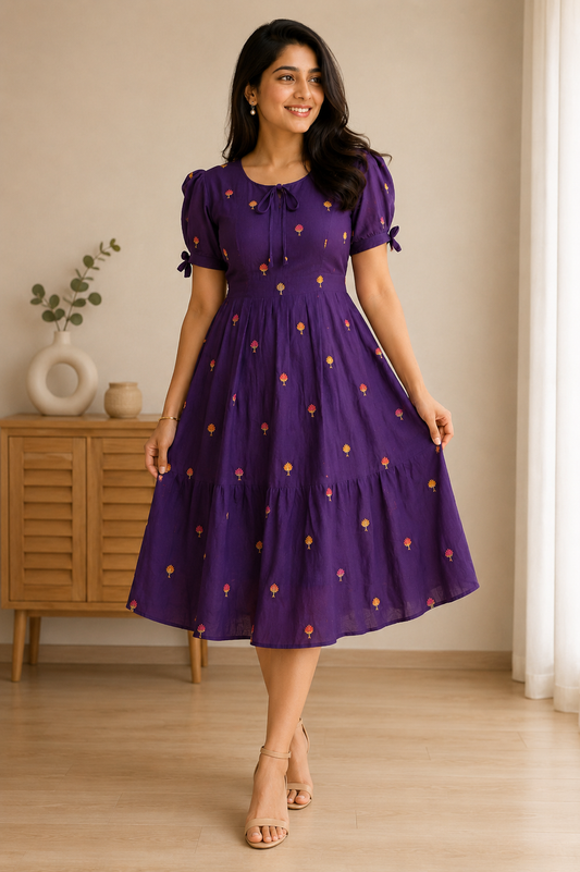 Royal Purple Embroidered Fit & Flare Midi Dress