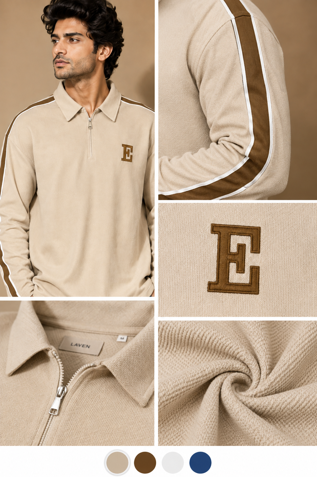 Men’s Beige Half-Zip Sweatshirt with Side Stripes