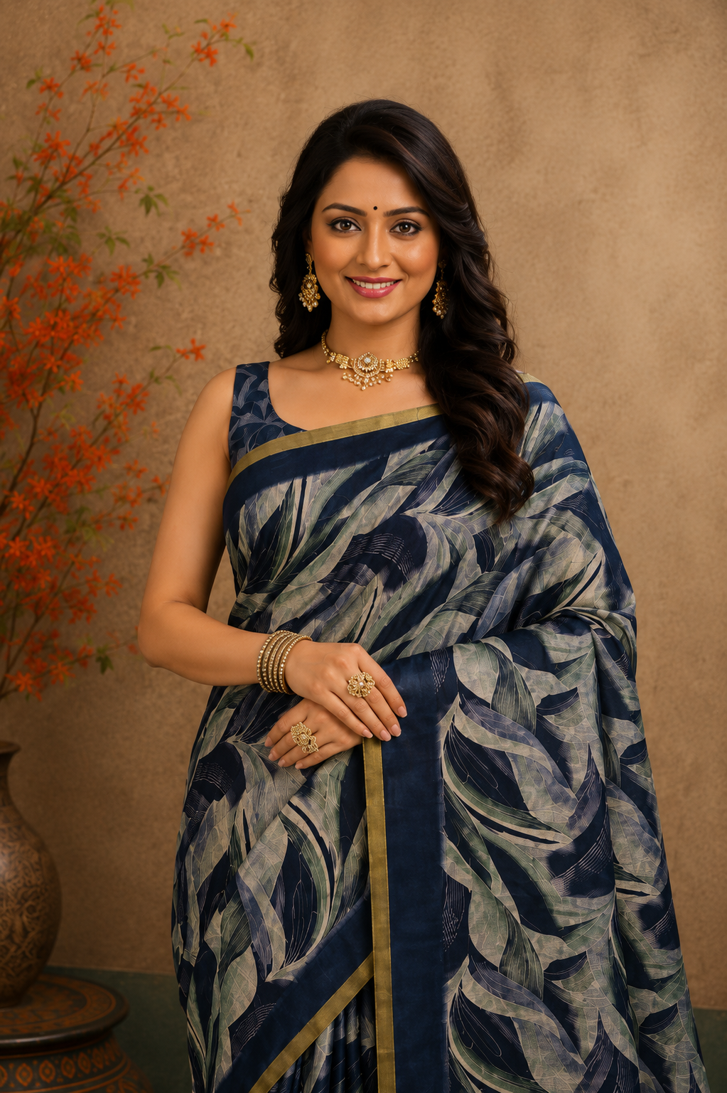 Midnight Blue Leaf Print Designer Saree with Elegant Gold Border