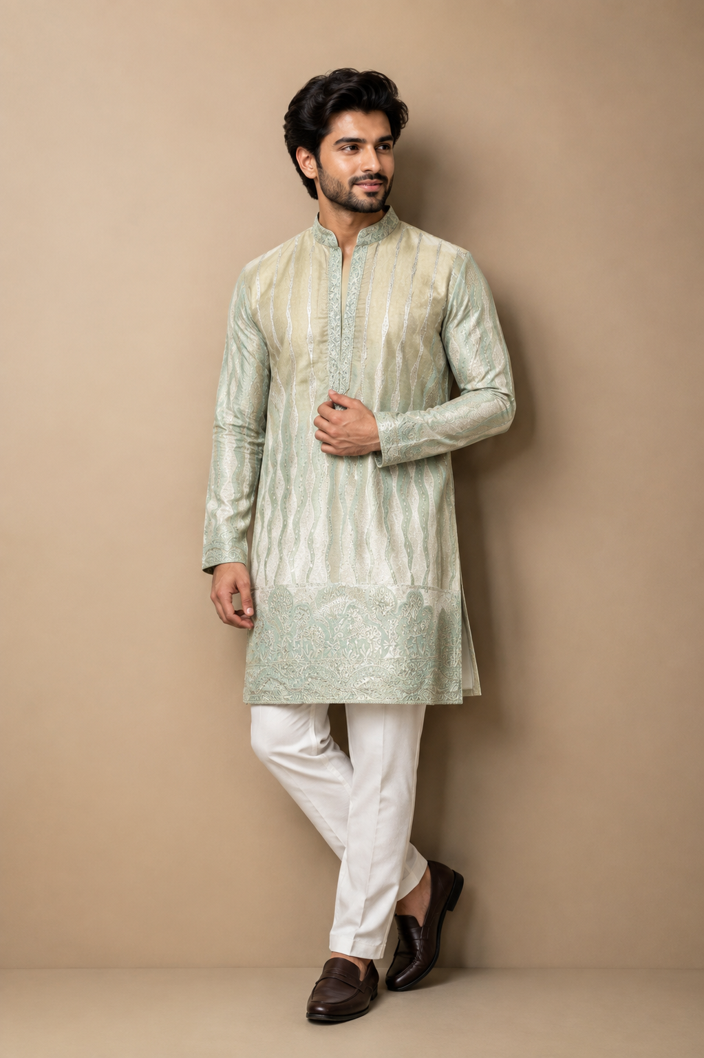 Mint Green Woven Jacquard Kurta Set