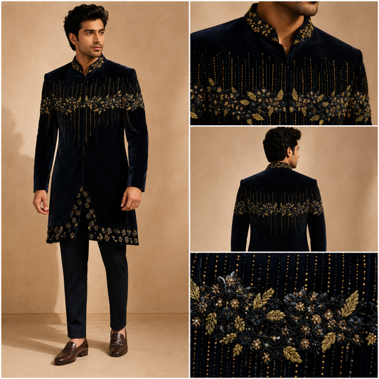 Navy Blue Velvet Embroidered Indo-Western Sherwani Set