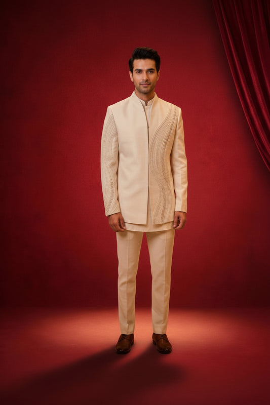 Men’s Ivory Embroidered Indo-Western Suit Set