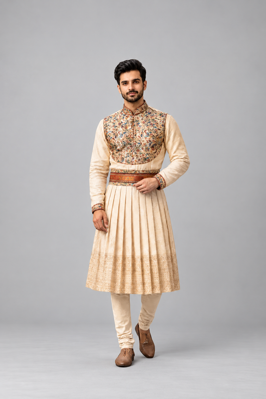 Cream Embroidered Angrakha Sherwani
