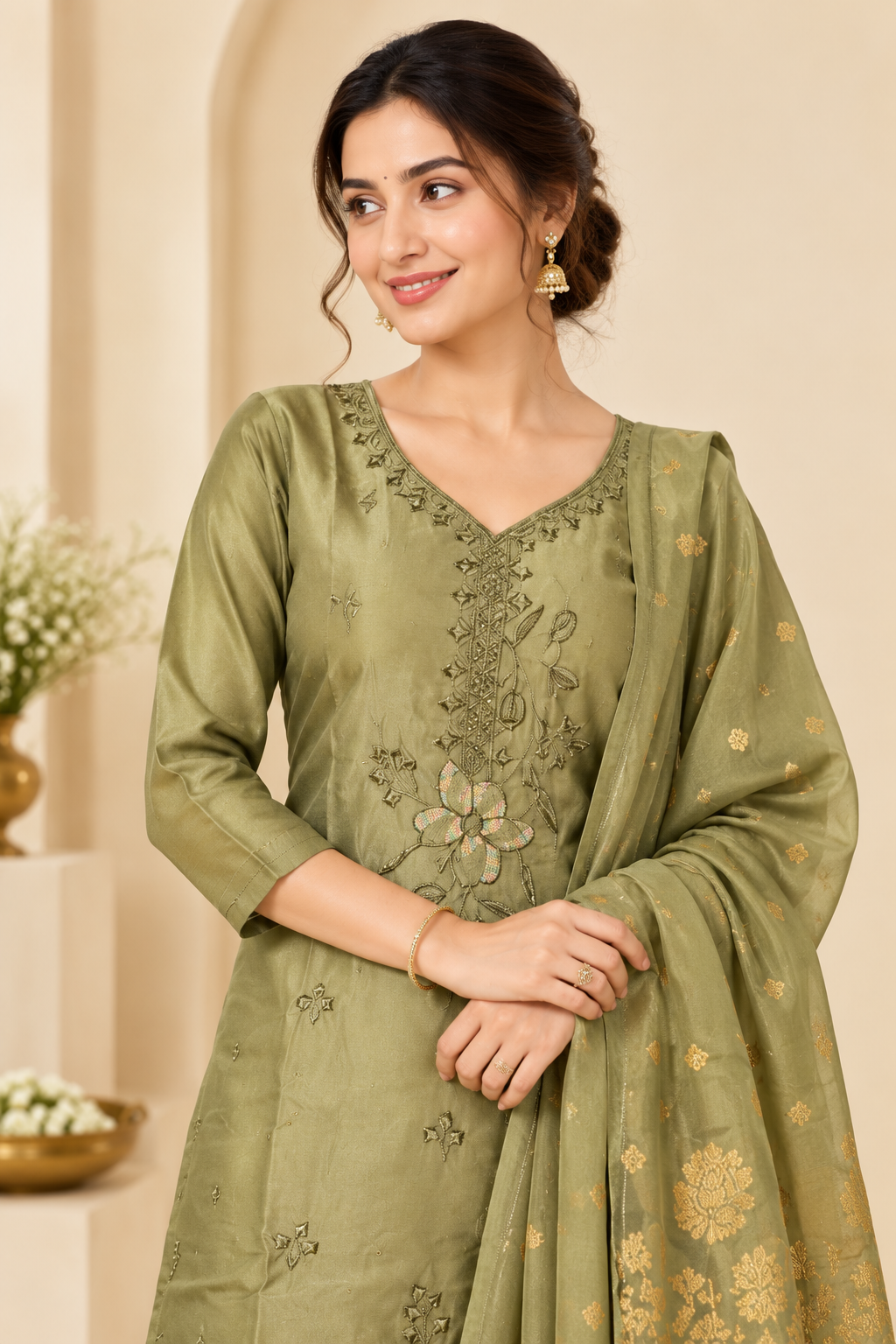 Olive Green Embroidered Kurta Pant Set with Golden Dupatta