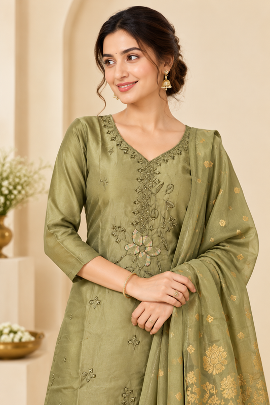 Olive Green Embroidered Kurta Pant Set with Golden Dupatta