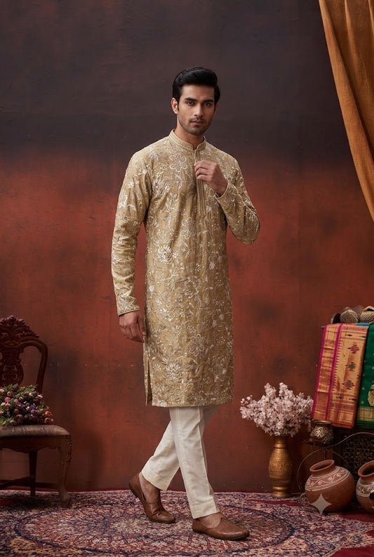 Golden Beige Floral Embroidered Kurta Set
