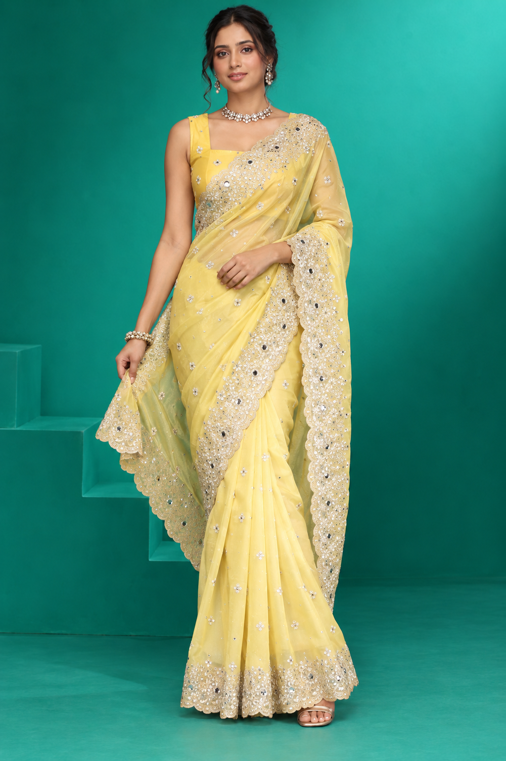 Lemon Yellow Embellished Designer Saree