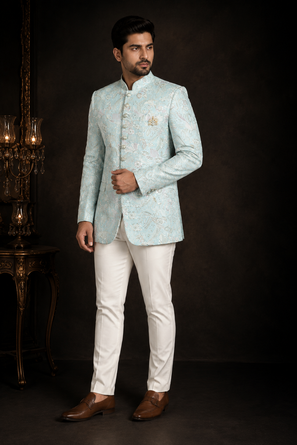 Ice Blue Embroidered Jodhpuri Bandhgala Set