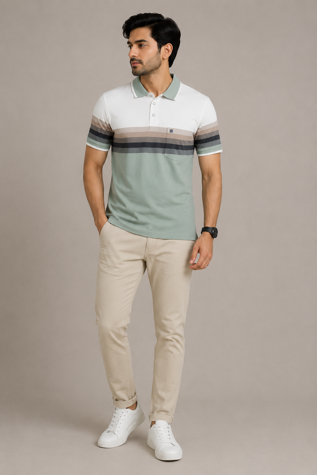 Men’s Sage Green Striped Polo T-Shirt