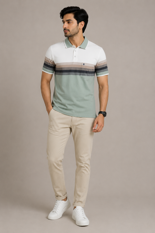Men’s Sage Green Striped Polo T-Shirt