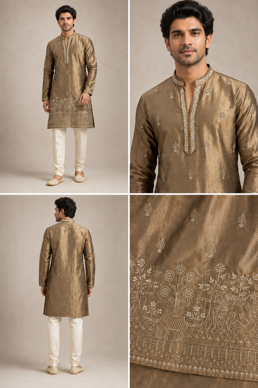 Antique Gold Embroidered Festive Kurta Set
