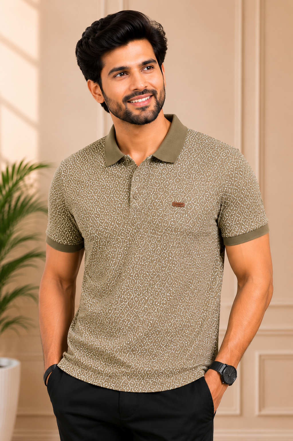Men's Olive Green Printed Polo T-Shirt | Premium Casual Wear