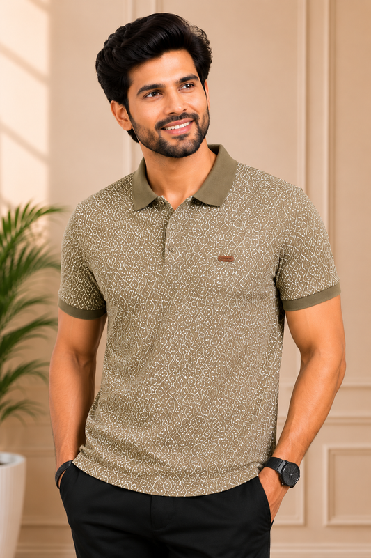 Men's Olive Green Printed Polo T-Shirt | Premium Casual Wear