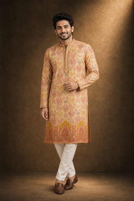 Royal Beige Heritage Print Festive Kurta