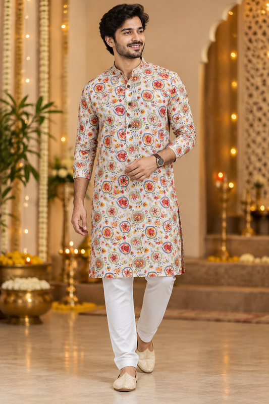 Ivory Multicolor Floral Print Festive Kurta