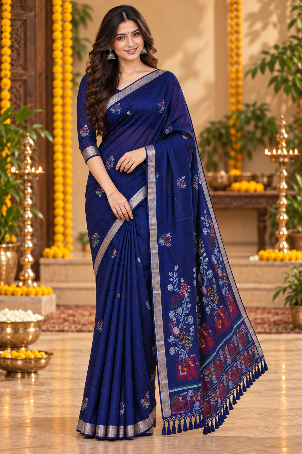 Midnight Blue Floral Weave Saree