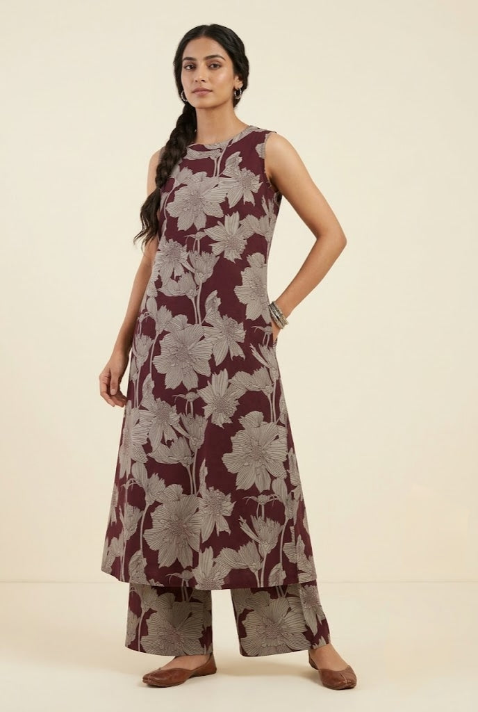Maroon Floral Printed Sleeveless A-Line Co-Ord Set