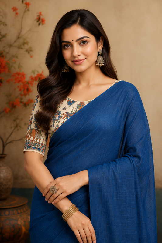 Royal Blue Linen Blend Saree with Handcrafted Tassel Pallu & Designer Embroidered Blouse