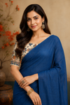 Royal Blue Linen Blend Saree with Handcrafted Tassel Pallu & Designer Embroidered Blouse