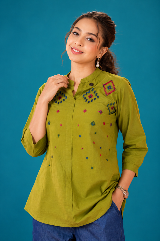 Olive Green Embroidered Casual Top
