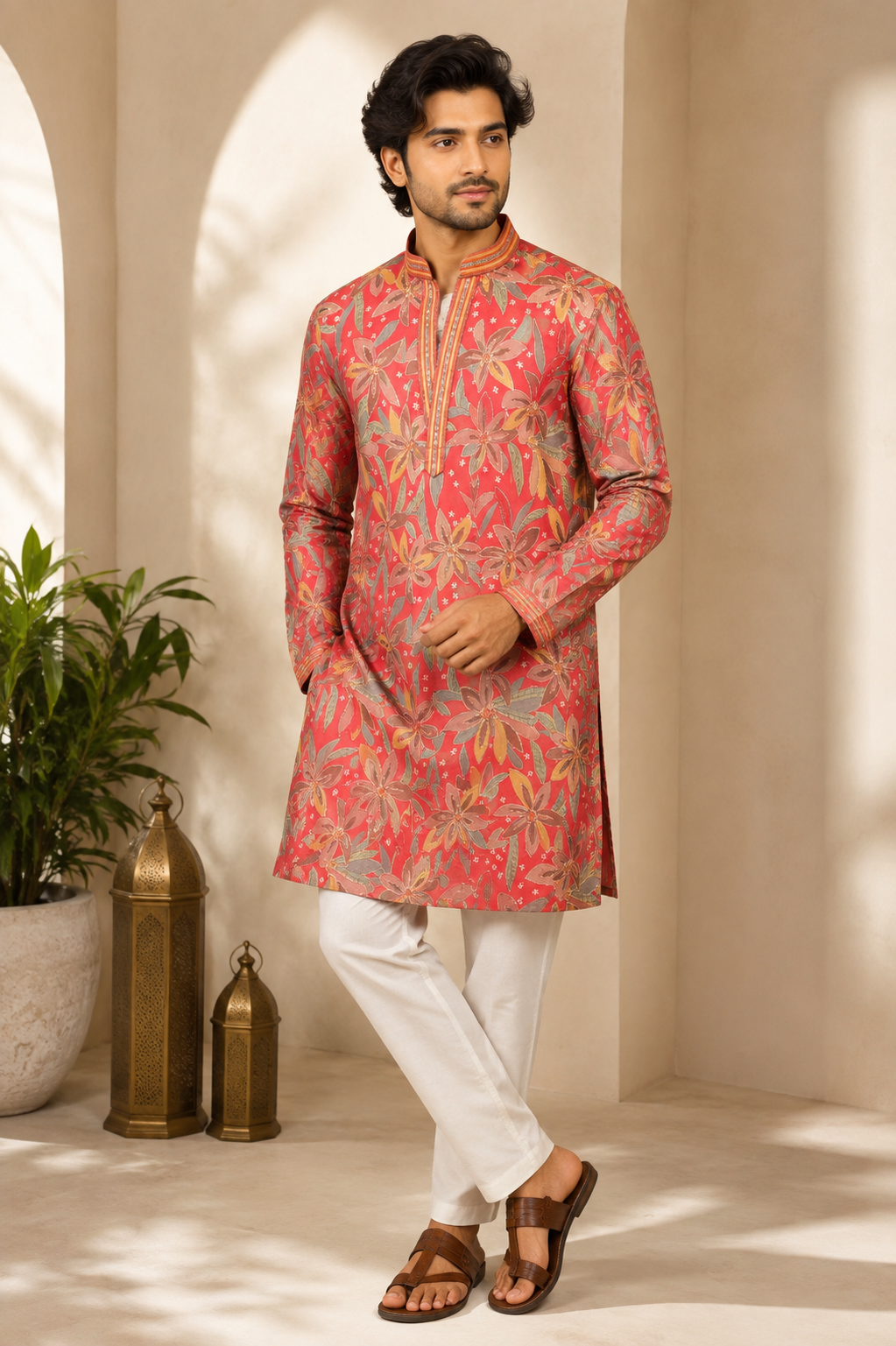 Coral Floral Printed Festive Kurta Set for Men