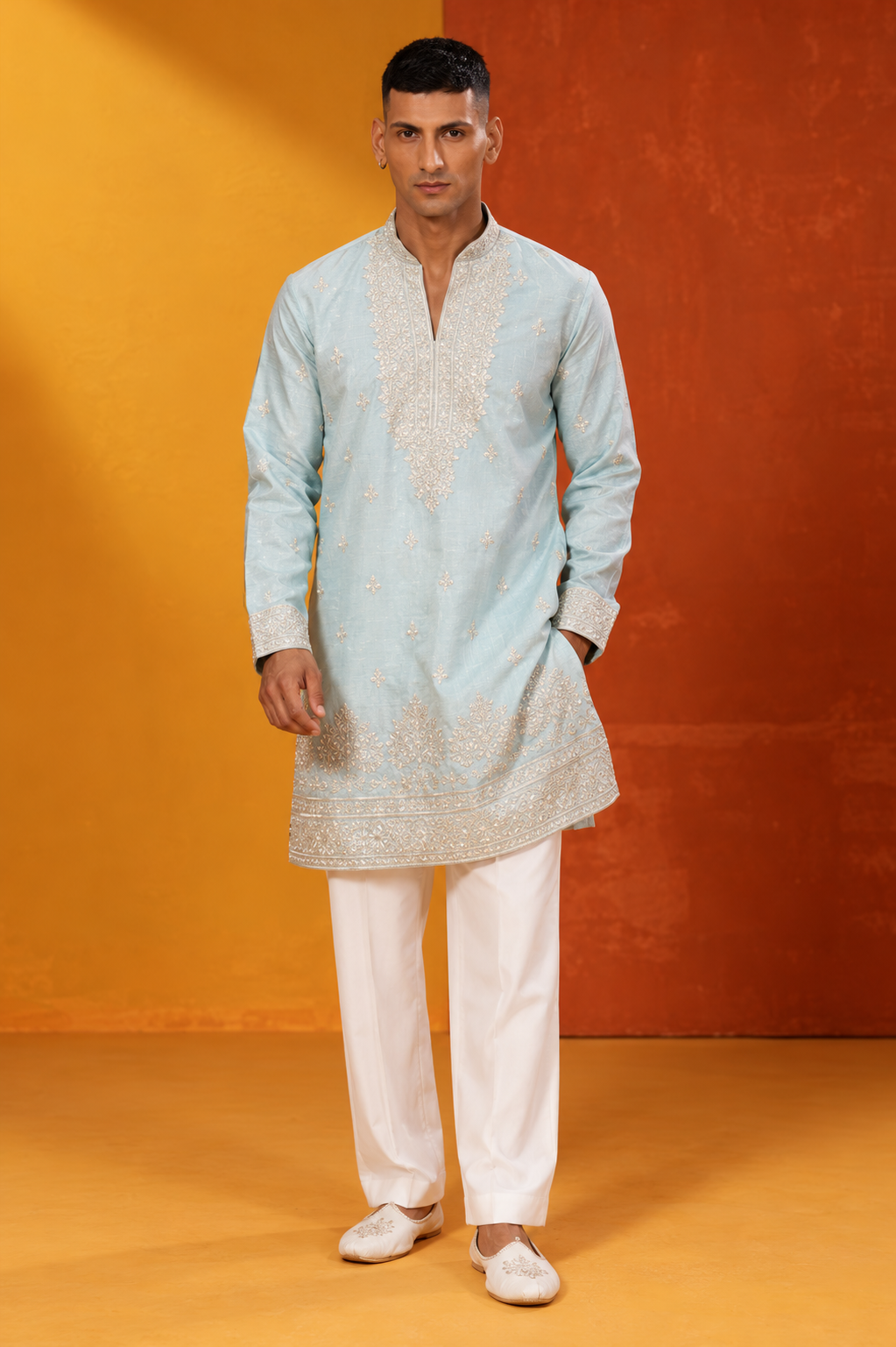 Premium Pastel Blue Embroidered Men's Kurta Set