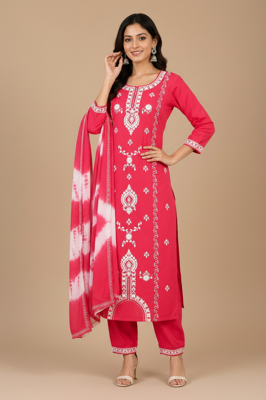 Women Embroidered Kurta Pant Dupatta Set
