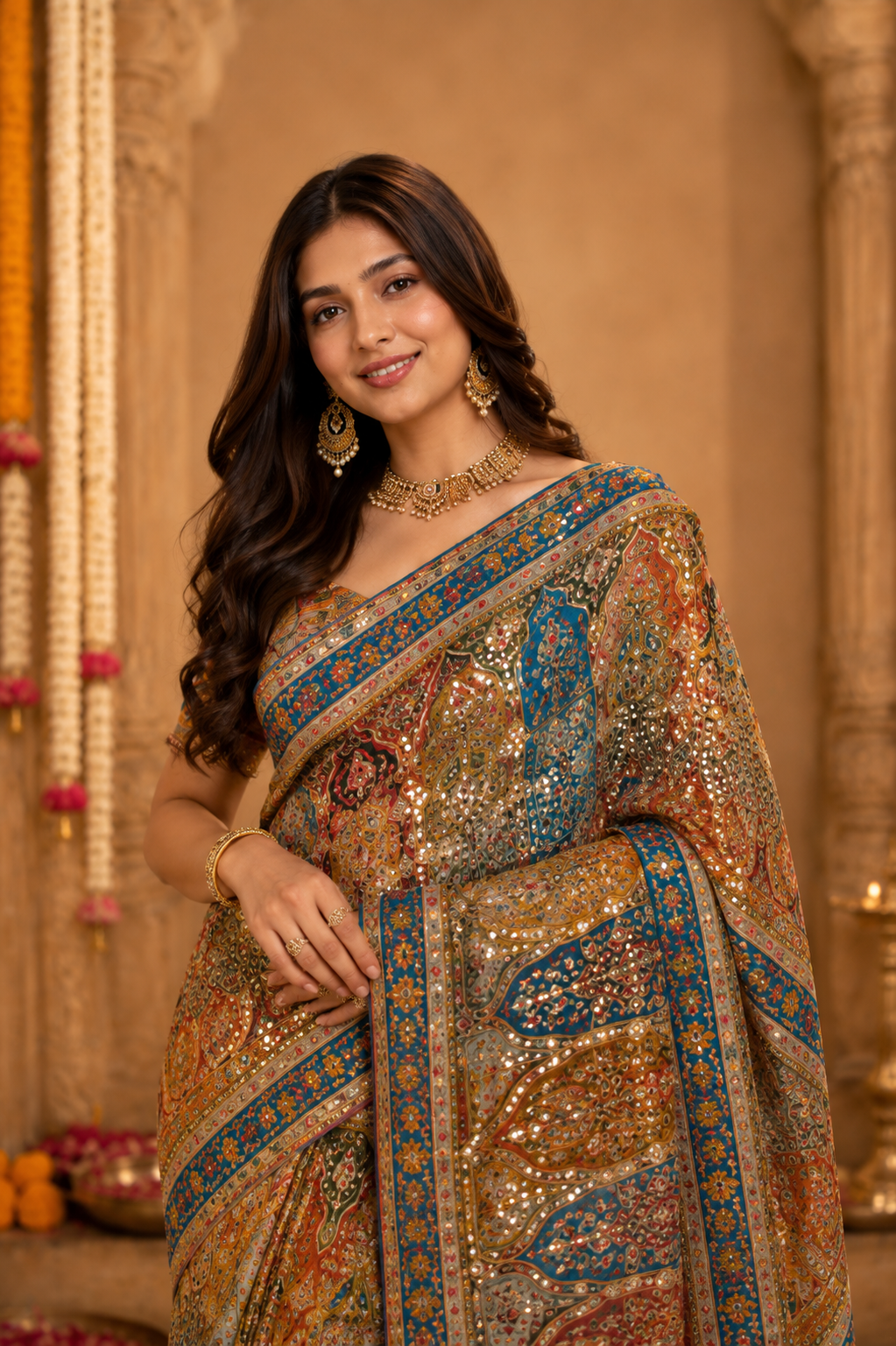 Royal Heritage Mirror Work Saree with Designer Blouse