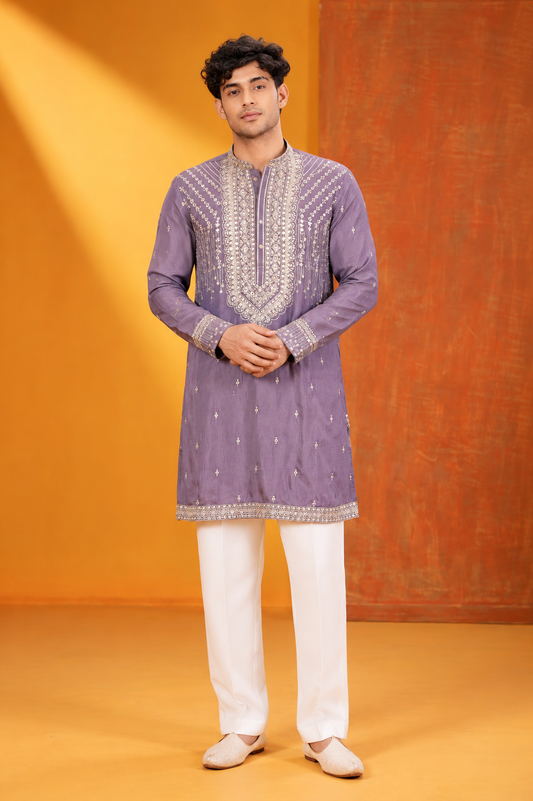 Men's Premium Lavender Purple Embroidered Festive Kurta Pajama Set