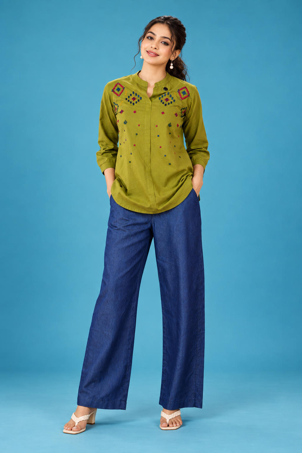 Olive Green Embroidered Casual Top
