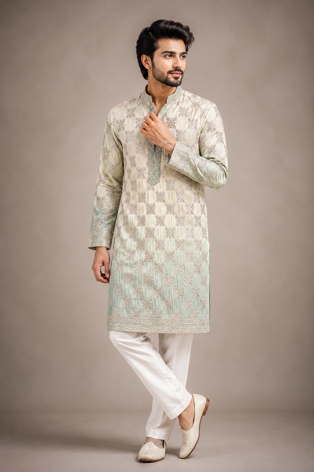 Men’s Ivory & Mint Embroidered Festive Kurta