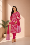 Rani Pink Floral Printed Kurta Pant & Dupatta Set
