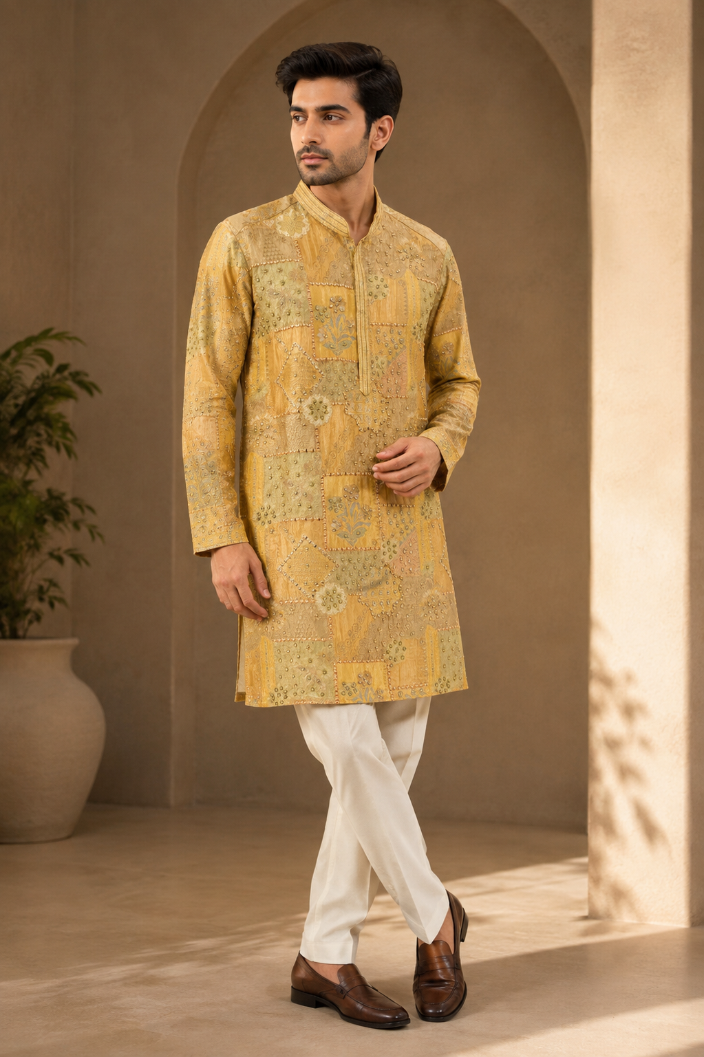 Mustard Gold Patchwork Embroidered Kurta for Men